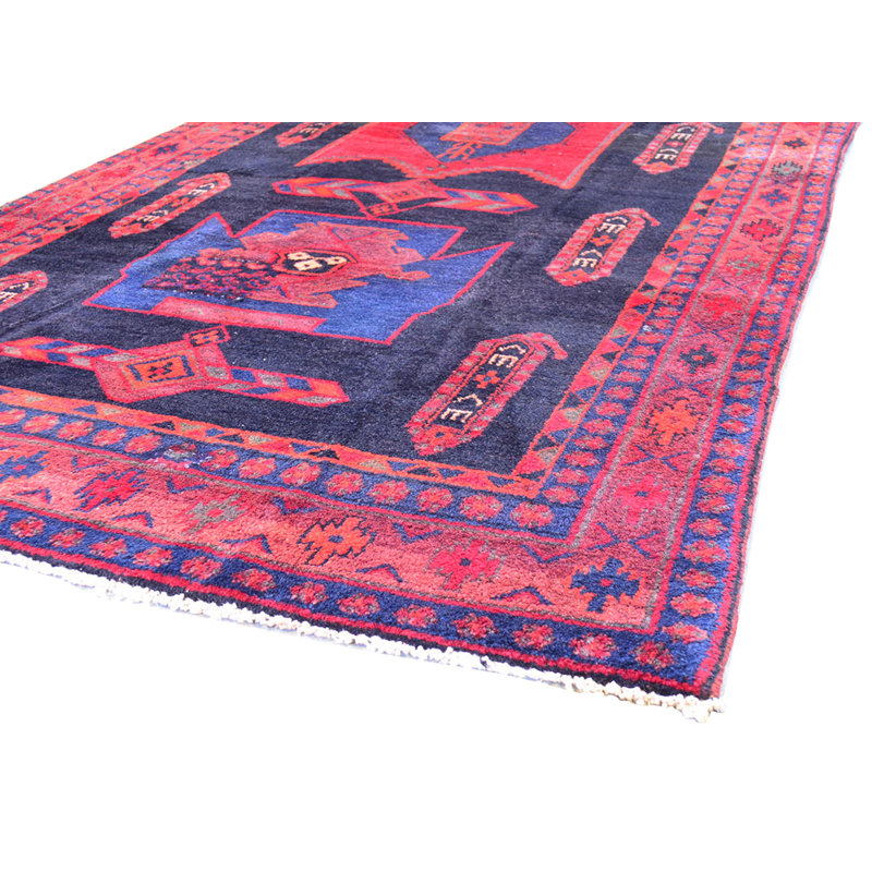 Tapis de couloir unique en laine noué à la main noir / rouge / bleu 4 pi 4 po x 9 pi 8 po