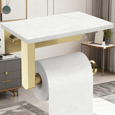 Modern Toilet Paper Holder With Marble Shelf, 304 Stainless Steel Wall Mounted Bathroom Tissue Roll Holder, Rustproof Design For Bathroom And Washroom
