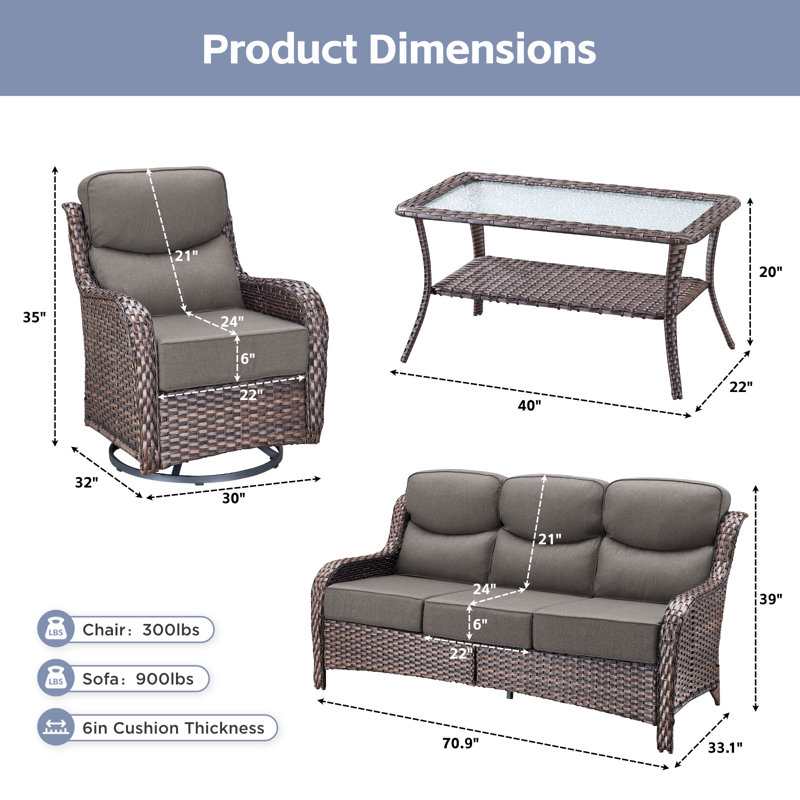 Ensemble de conversation en osier pour patio extérieur avec fauteuils pivotants et table basse extérieure, Gris, Brun