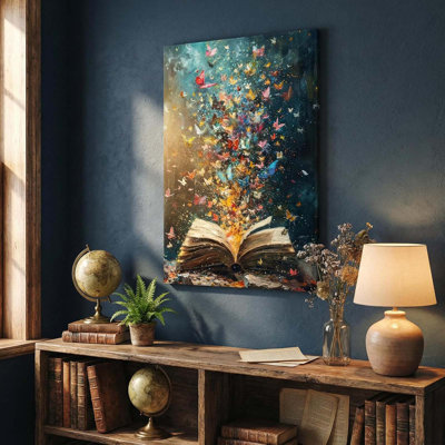 Papillon coloré sur toile, art mural rétro, peinture à l'huile, décoration murale, photo, papillons qui éclatent dans les livres, affiche pour bibliothèque, salle de lecture, chambre à coucher, concept de lecture moderne, décoration de la maison, 16 x 24 po