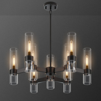 Lustre noir 9 lumières, lustres de style campagnard moderne pour la salle à manger au-dessus de la table, îlot de cuisine avec couvercle en verre transparent pour le vestibule de l'îlot de cuisine du salon