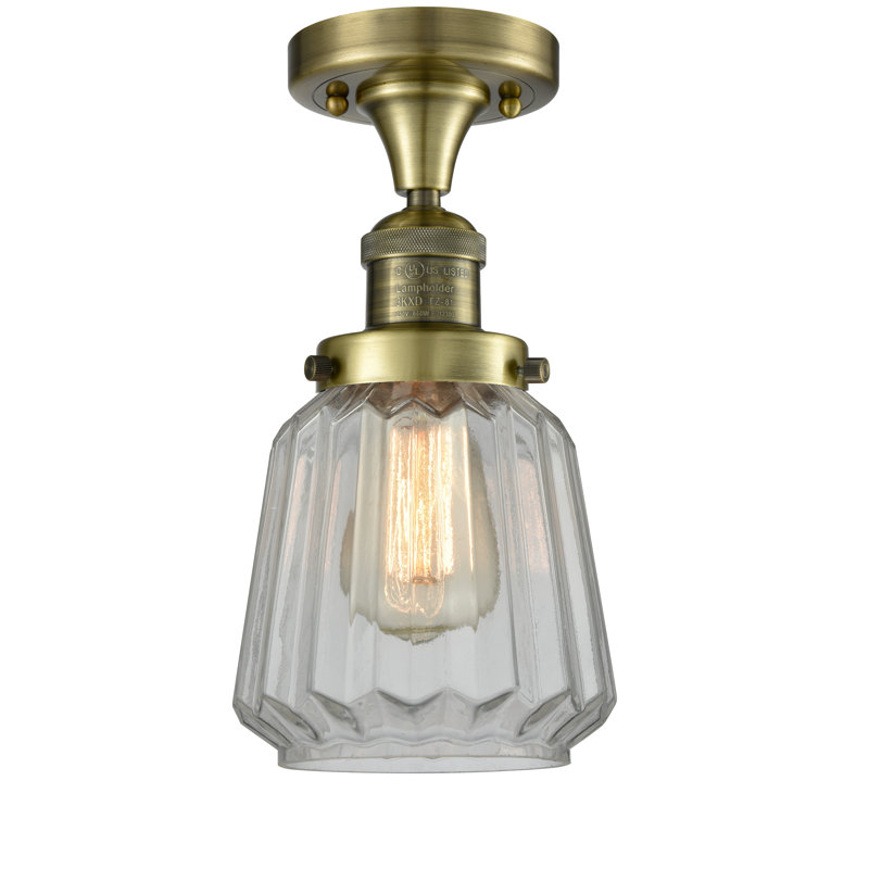 Plafonnier semi-encastré cylindrique simple à 1 lumière 6,25 po Arbogast, Laiton antique, Transparent