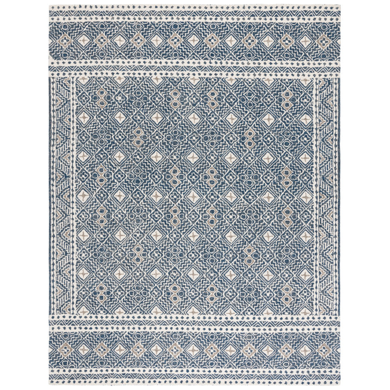 Manwell Hand Tufted Wool/Cotton Geometric Rug in Navy/Ivory, Rectangle 8' x 10'
