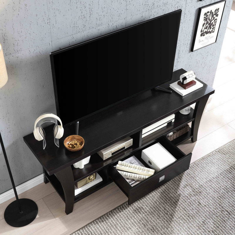 Meuble télé, pieds incurvés, poignée en métal, tablette divisée, armoire prête pour téléviseur de 60 à 69 po