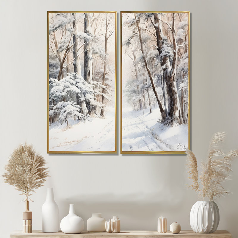 «Winter Forest Snow Charm Landscape», art mural sur toile blanc traditionnel, 40" H x 40" W, Gold
