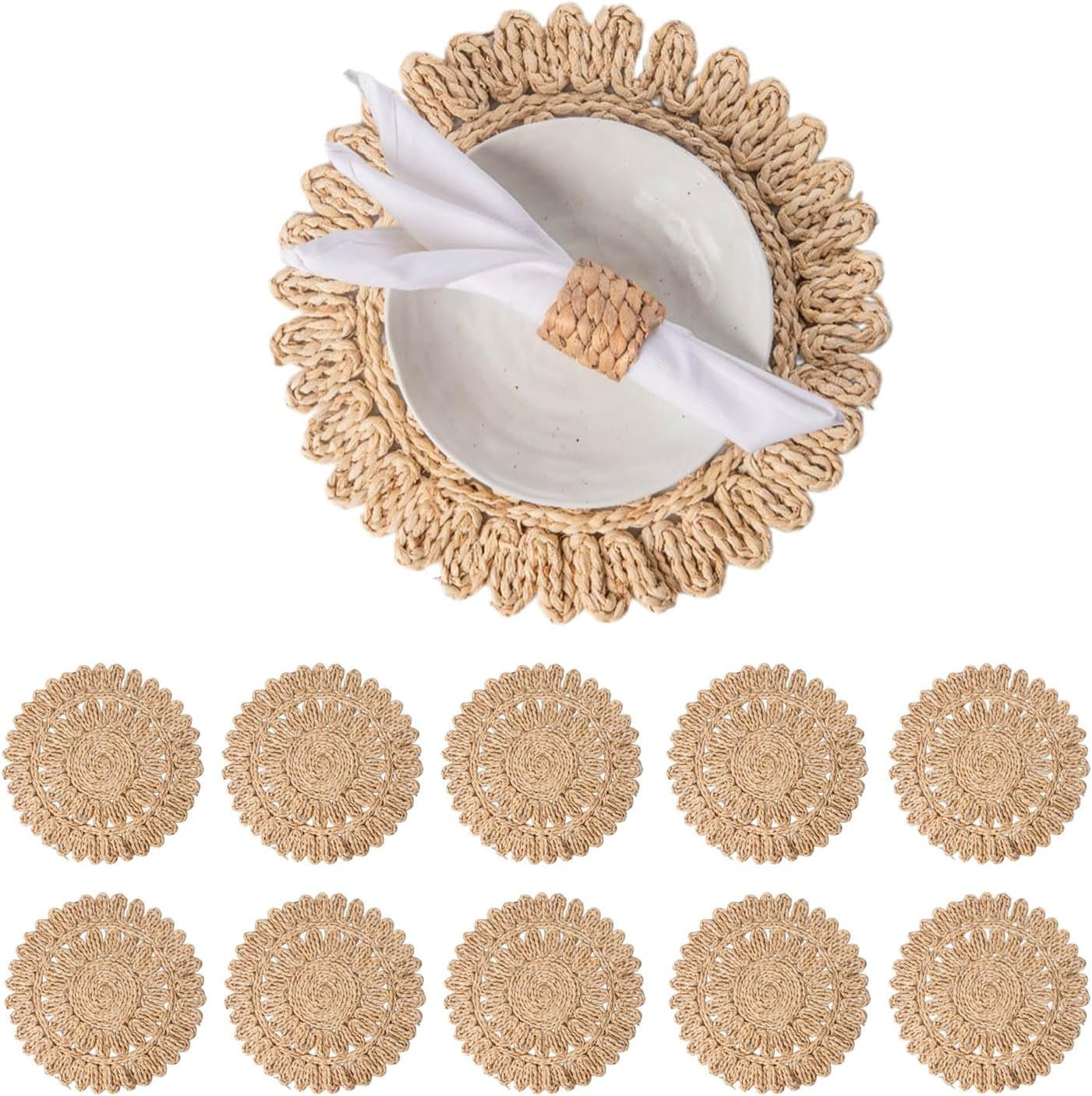 Dakota Fields Set Of 10 Round Corn Husk Placemats | Boho Woven Rattan ...