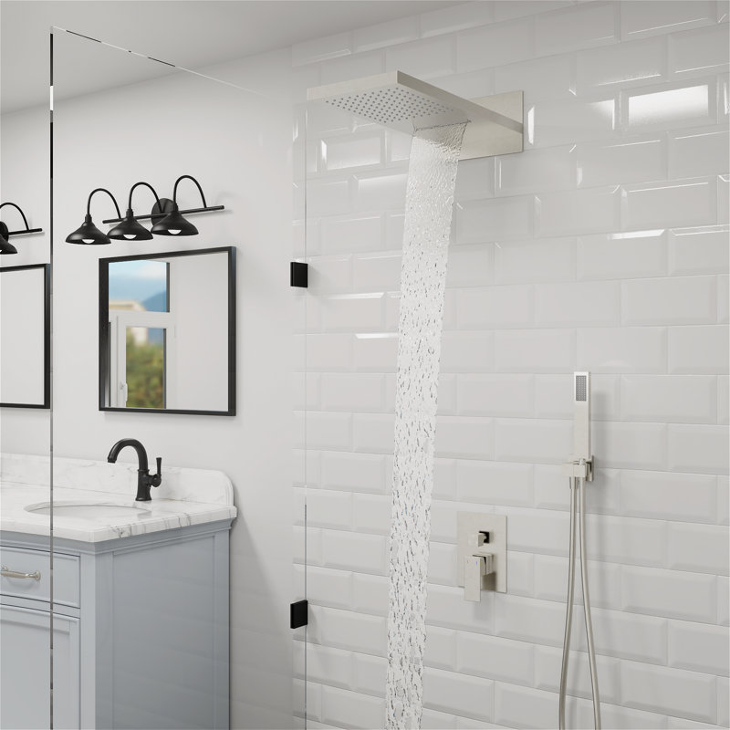 Système de douche à pluie et cascade avec pomme de douche à jet d'eau, Nickel brossé