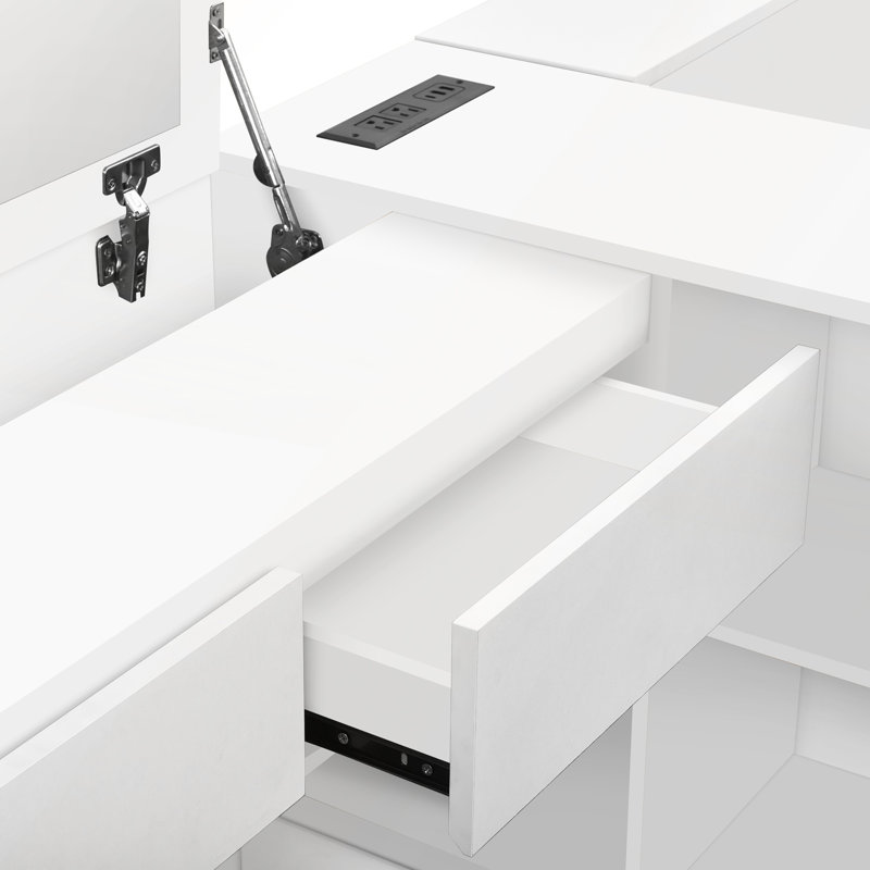Full Size Platform Bed with 6 Drawers, Shelves, and Dressing Table for Storage and Functionality