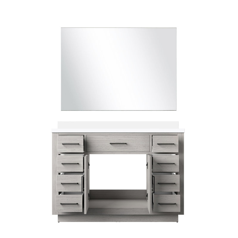 48 po Large meuble-lavabo simple en chêne blanc, surface en quartz, miroir de 43 po x H 24 po et cadre en bois de chêne massif, profondeur 22 po, avec comptoir, tiroirs à fermeture douce