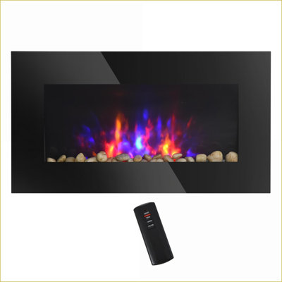 Electric Wall-Mounted Fireplace, 28.5'' 1500W with Flame Effect | 7 Color Lights | Black | Tempered Glass