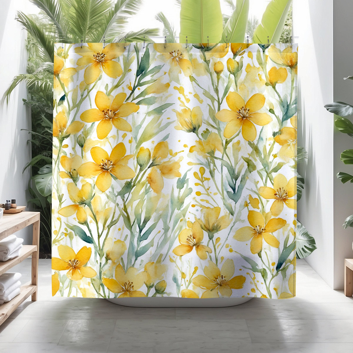 ULLI HOME Briony Yellow Floral Shower Curtain | Wayfair