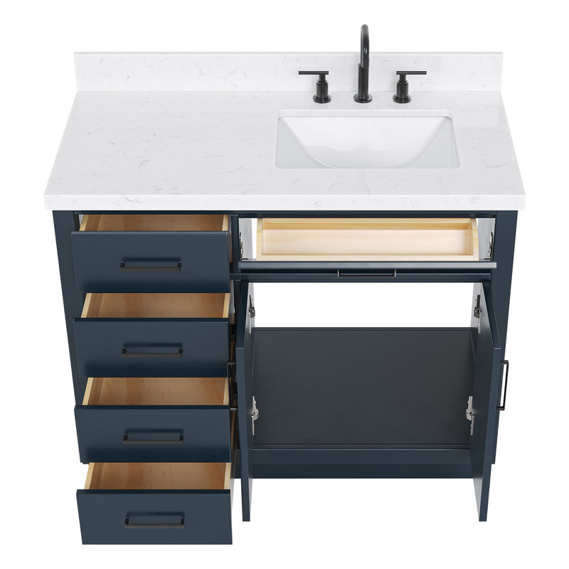 Meuble-lavabo simple en bois massif 42 po Tidworth avec plateau en quartz Carrara de 1,5 po, Oui, Forme rectangulaire