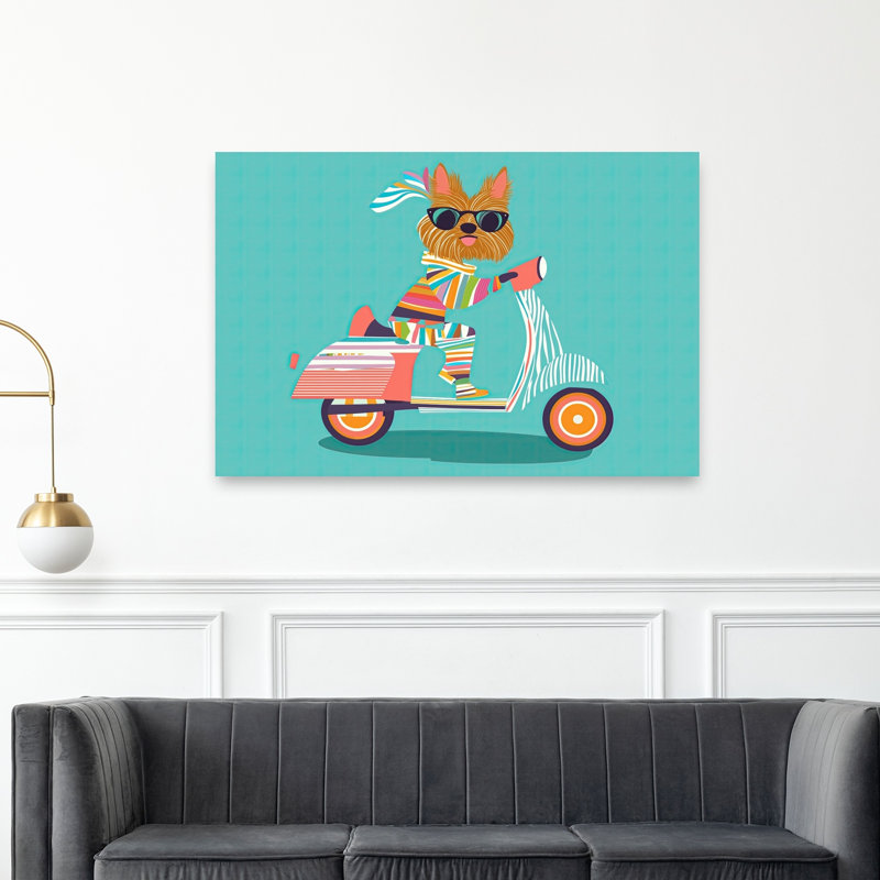 Whimsical Dog Scooter Colorful Playful Vibrant Dog Summer Wall Art Print by Mathieu - Wrapped Canvas Print