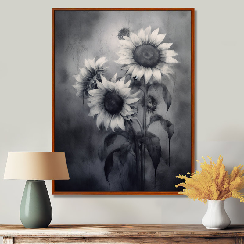 Noir, blanc, doré, art mural floral, 40" H x 30" W, Cadre flottant brun