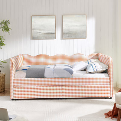 Lit de jour en vichy double avec deux tiroirs de rangement, port USB et adorable tissu en forme de vague