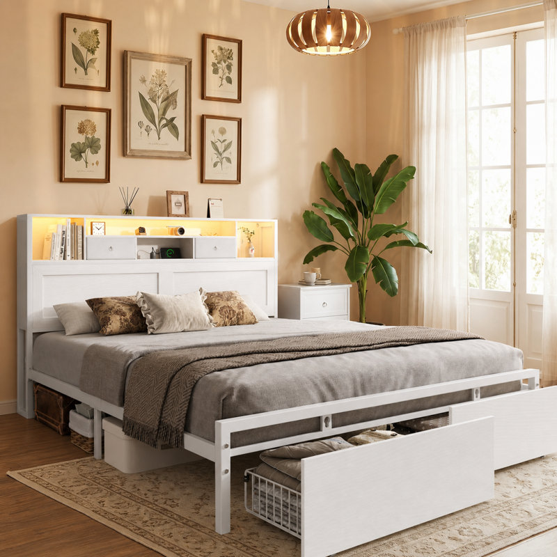 Cadre de lit plateforme avec tête de lit de rangement, lumières DEL RVB et 2 tiroirs sous le lit, Grand lit, Blanc