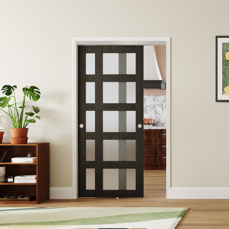Double Doors 5 Lite Black Wood Frosted Glass Solid Manufactured Wood Prefinished Sliding Closet Door, 72" x 80"