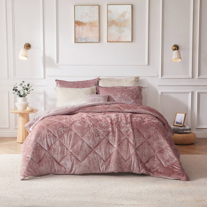 Felicia Crushed Velvet Quilted Duvet Set with Throw Pillow, Blush, Full/Queen Duvet Cover  + 2 Shams + Throw Pillow