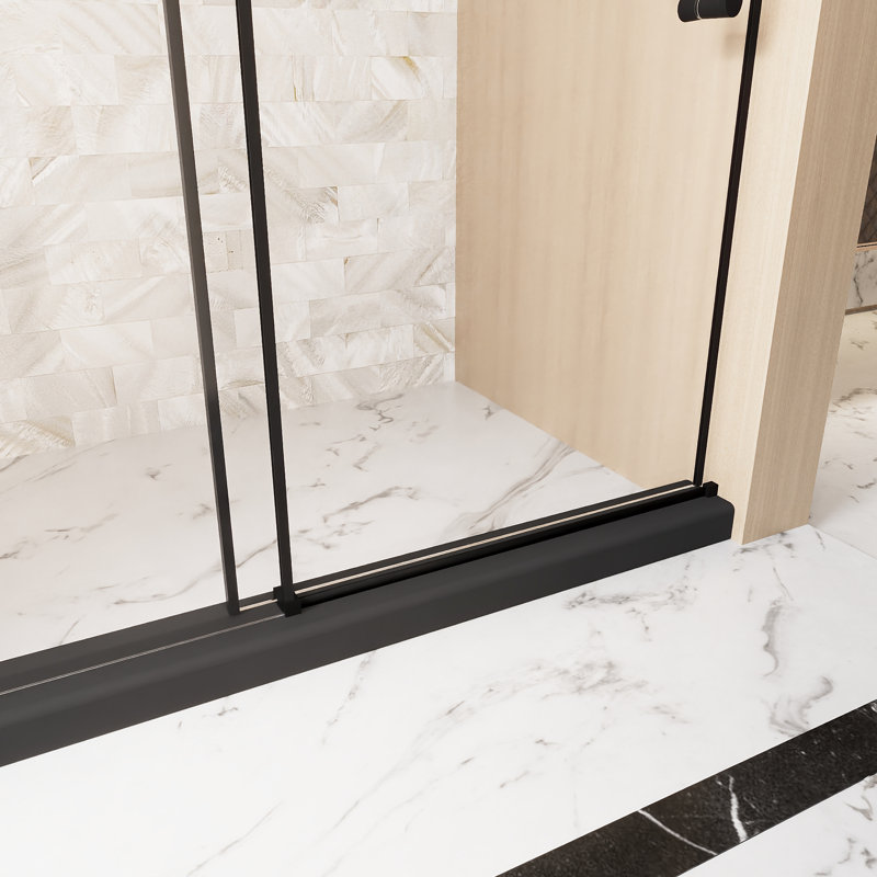 1/4 "(6 Mm) Clear Tempered Glass Single Sliding Shower Door 56 - 60 "w X 76" H, Film, Stainless Steel Handle, Square Tube Track, Matte Black For Bathroom In Black, With Track And Film