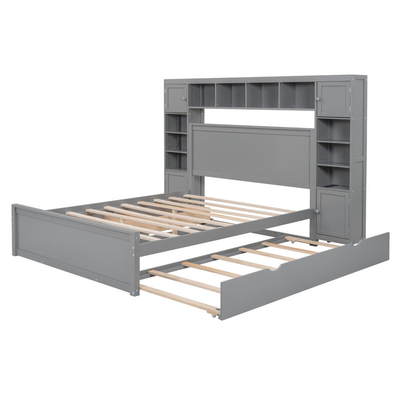 Lit en bois avec armoire, tablette et prises tout-en-un, gris, Grand