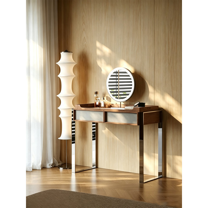 Coiffeuse de style Wabi Sabi en chêne blanc avec piètement en acier inoxydable poli et tiroir de rangement