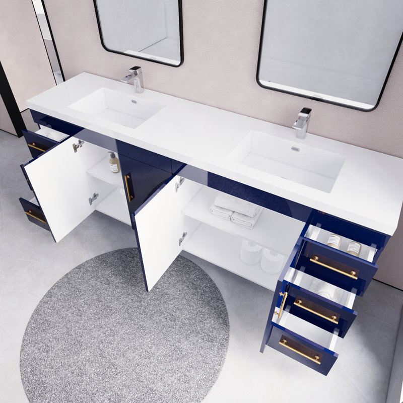 Irline 83.46'' Double Bathroom Vanity with Acrylic Top, Navy Blue