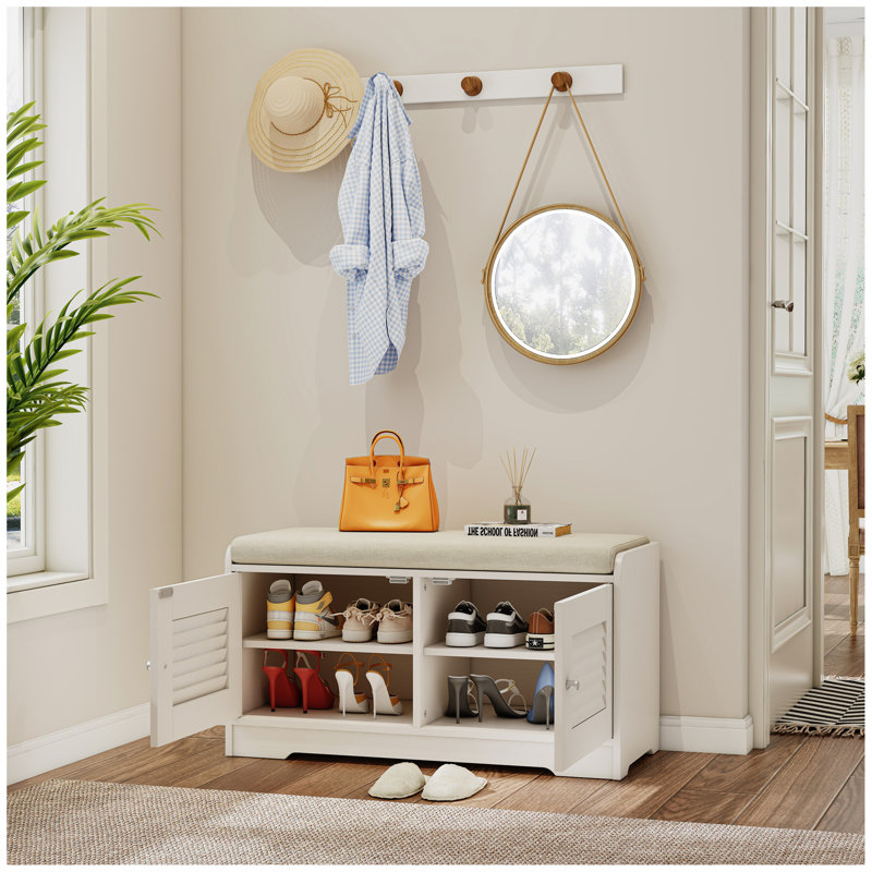 28.74"Shoe Storage Bench with 2 Door Cabinet, Entryway Bench with Shoe Storage, Shoe Bench with Cushion, Ancient White
