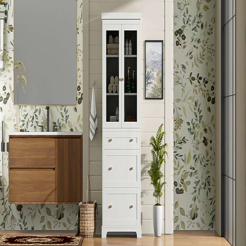 70.1" Modern High Freestanding Tall Bathroom Cabinet with 2 Adjustable Shelves, 3 Drawers, Soft Close Glass Doors – Ideal for Bathroom, Living Room, Kitchen Storage
