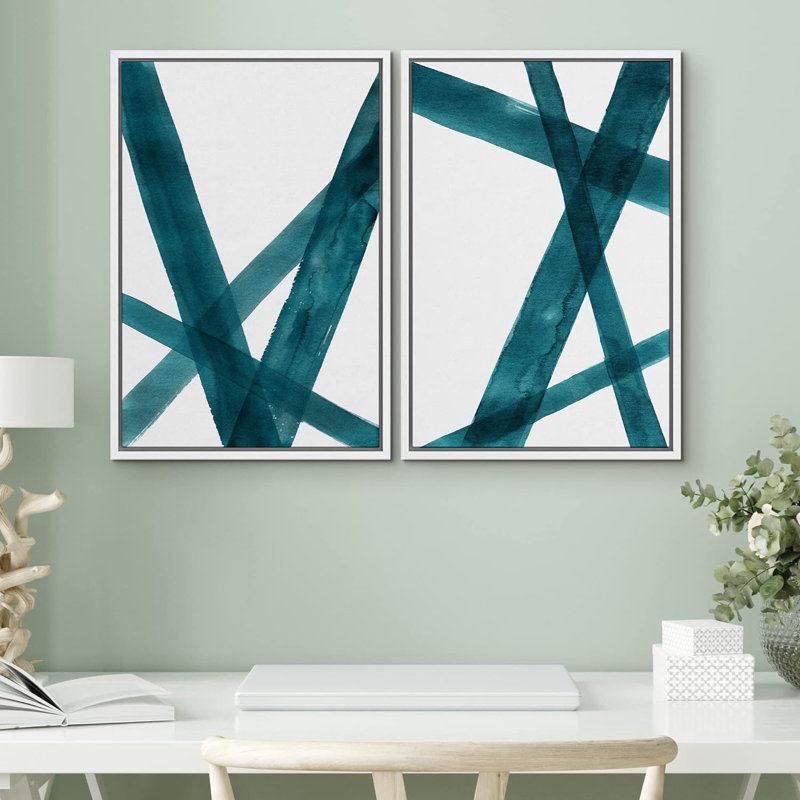 «Intersecting Lines Green Green Color Hues Geometric Shapes», 2 pièces sur toile, Cadre blanc, H 24 po x l 16 po
