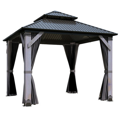 8.5 ft. W x 8.5 ft. D Outdoor Wood Gazebo, Hardtop Gazebo Permanent Cedar Wooden Gazebo with Galvanized Steel Double Roof