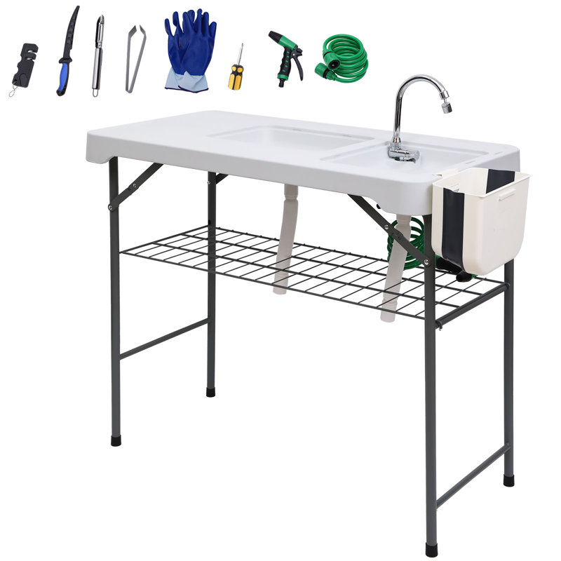 Table de pique-nique portable pour le nettoyage du poisson: deux éviers, buse de pulvérisation, support à grille et trousse à outils