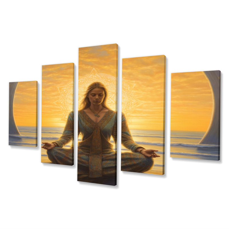 Mindfulness gracieuse femme coucher de soleil méditation - art mural méditation salon - 5 panneaux