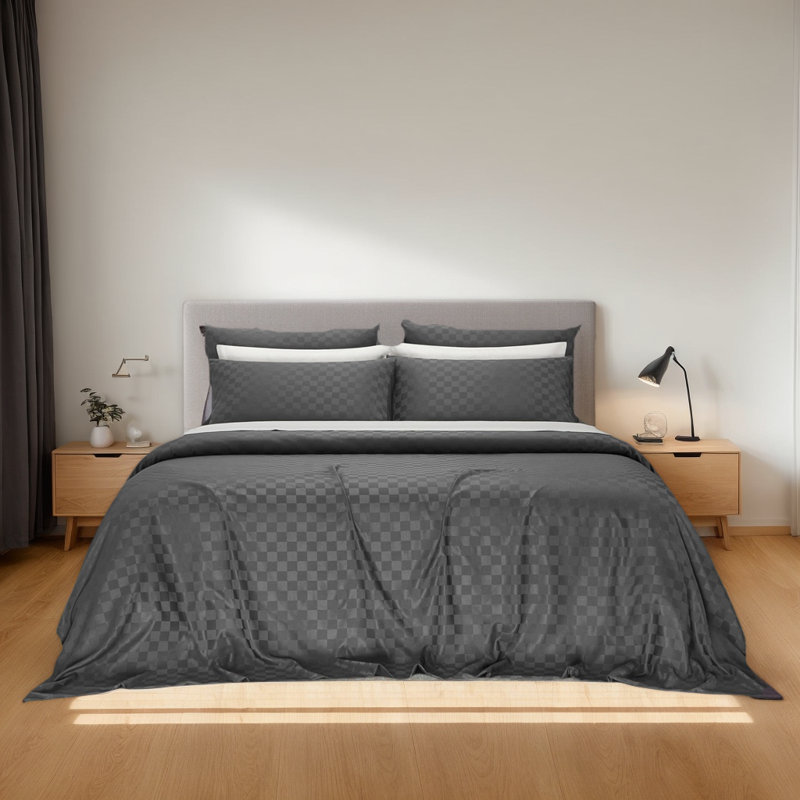 Dailynap Geometric Patterned Multi-style Plaid Bedding Set, King Duvet Cover + 2 Pillowcases, Gray