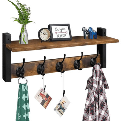Porte-manteau mural en bois avec tablette et 5 crochets doubles, organisateur d'entrée rustique brun et noir pour manteaux, chapeaux, sacs et serviettes