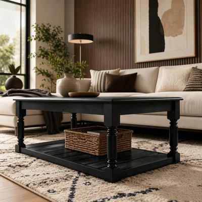 Wooden Coffee Table with Slatted Lower Shelf, Rectangular Turned Solid Wood Leg Cocktail Table, Center Table