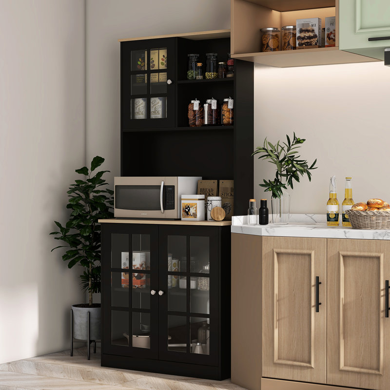 Black Kitchen Cabinet With , 72" Freestanding, Large Countertop, Adjustable Shelves For Dining Room Freestanding Cabinet, Black,