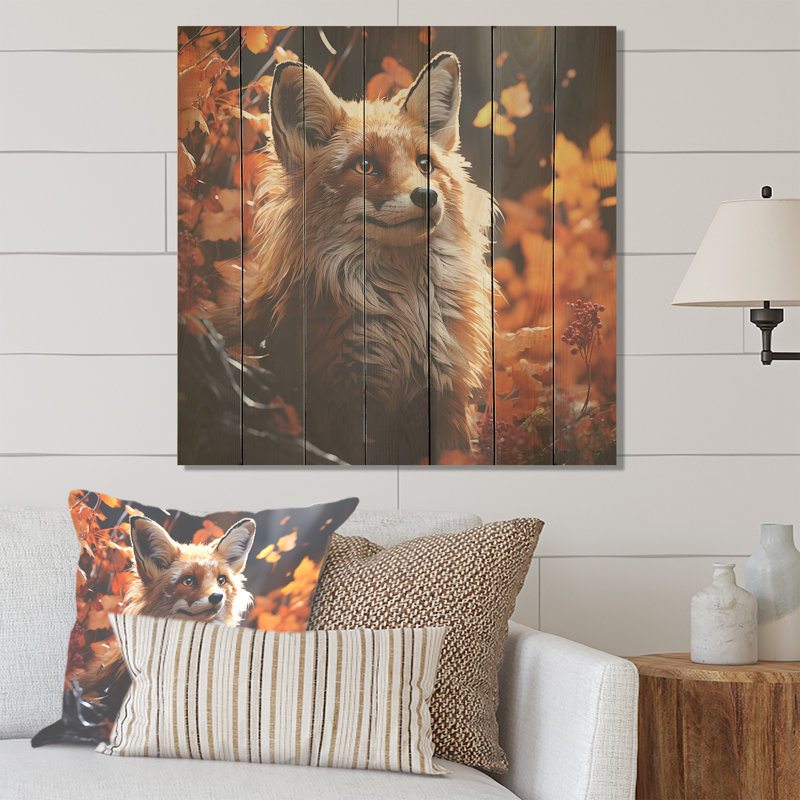 Photo de renard en automne II - Animal renard sur bois, H 15 po x l 15 po
