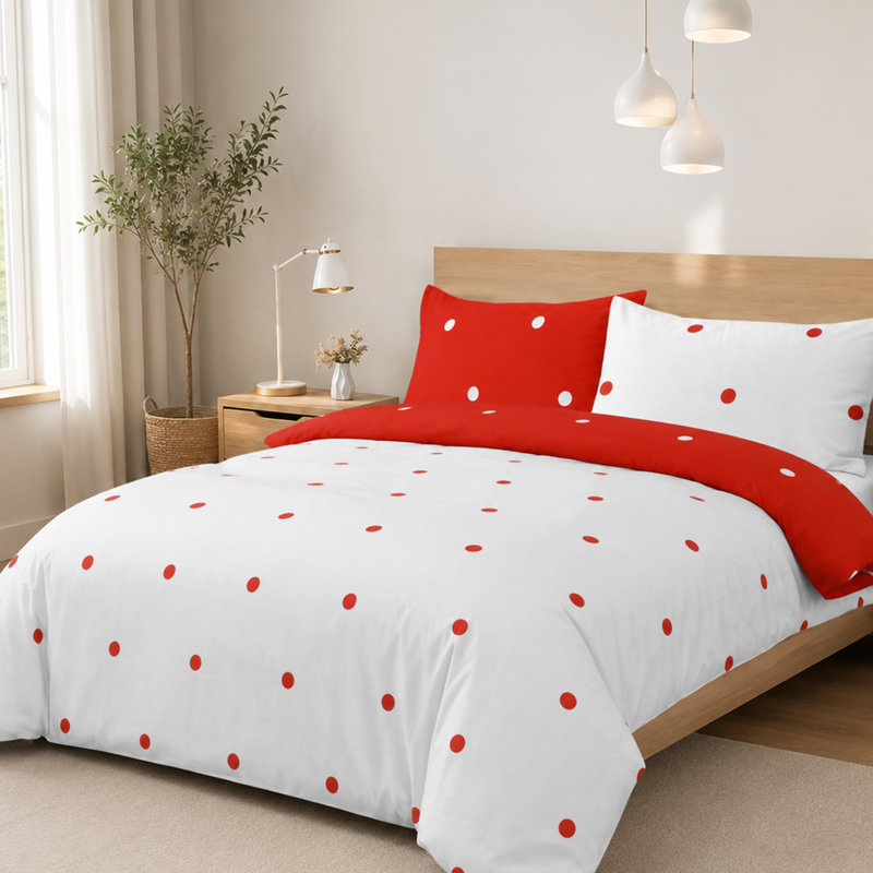 Aspire Homeware Red and White Polka Dot Duvet Cover Set, Super King (260cm Width X 220cm Length)