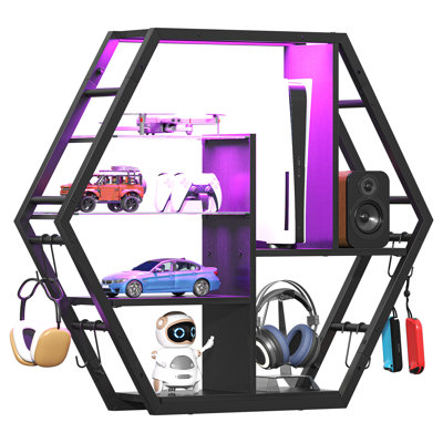 Auburnhill 39 inch Large Gaming Floating Shelves for Wall, 5 Tier LED Wall Mounted Shelves with Adjustable Glass Shelf, Pipe Shelves Hanging Display Rack with 8 Hooks, Easy Assembly