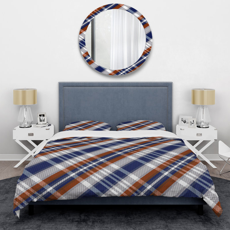 Tartan à carreaux blanc et bleu - Ensemble de housse de couette abstrait - Microfibre de polyester