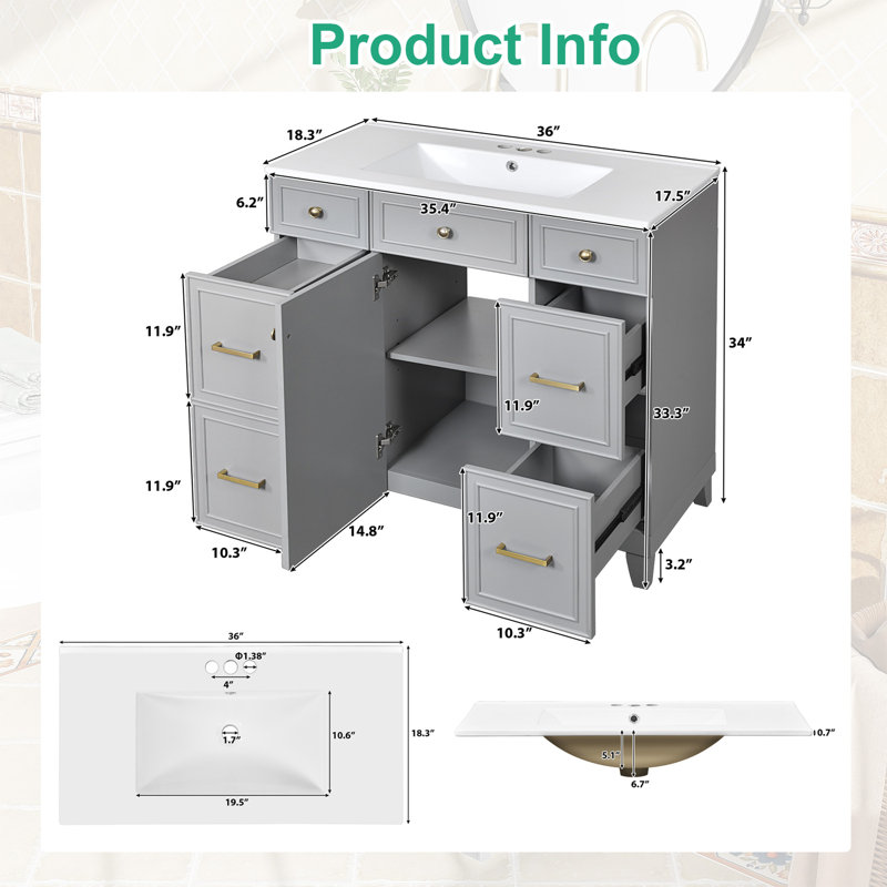 Meuble-lavabo 36 po avec lavabo en céramique, structure en bois massif, portes à fermeture en douceur, Gris
