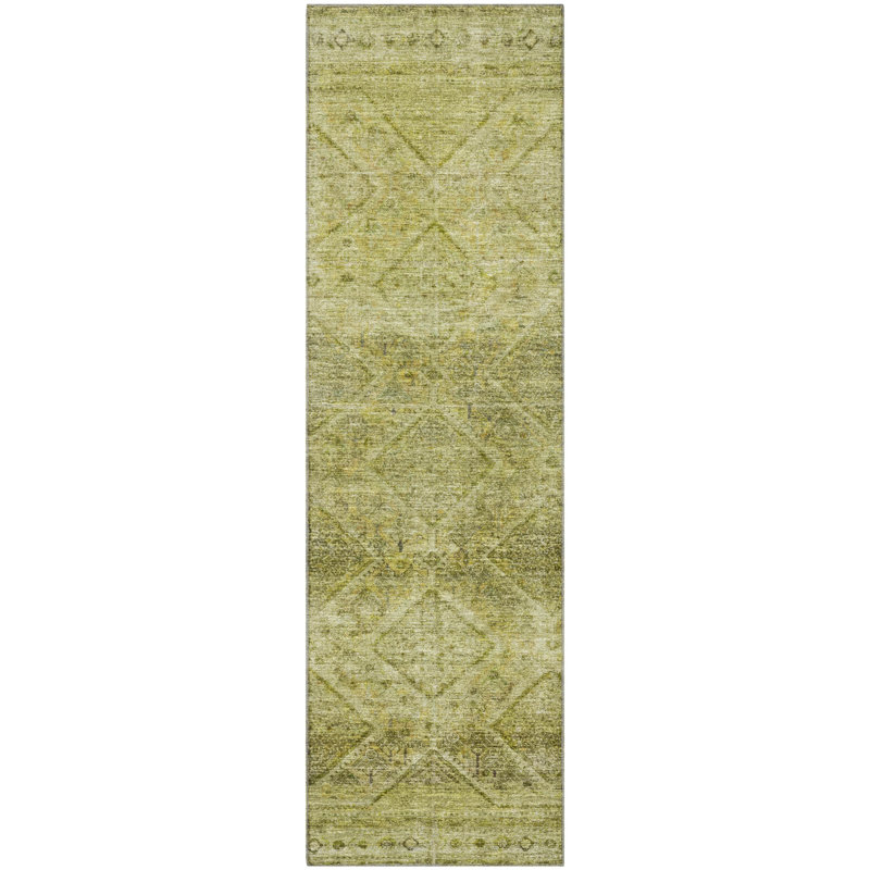 Premium Machine Washable Mayfield AMF2060 Geometric Rug, 2'3" x 7'6" Runner, Aloe