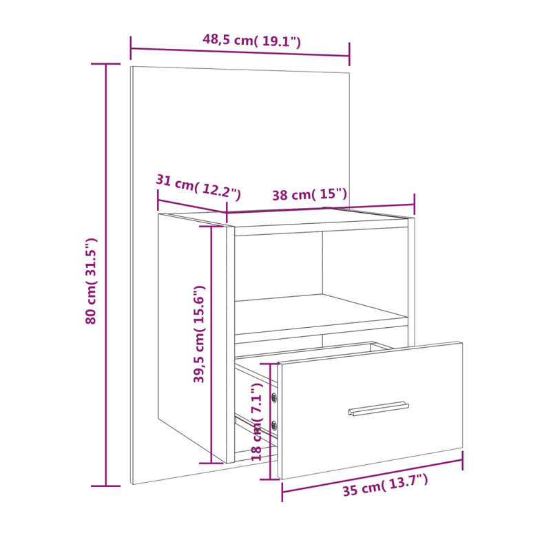 Jaicee Wall-mounted Bedside Cabinet, Smoked Oak, Set of 2