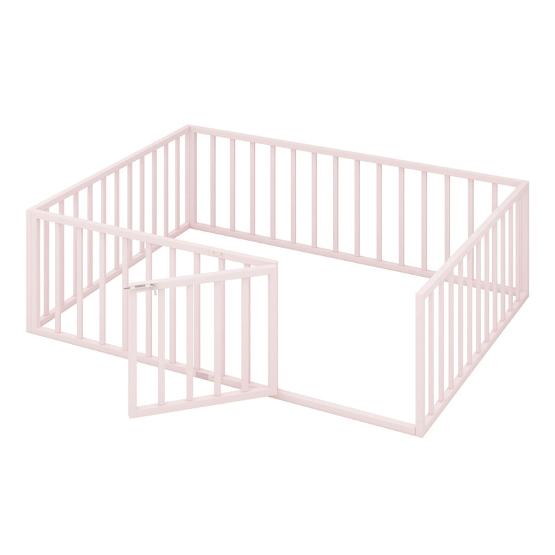 Haryuvraj Floor Bed Frame with Fence and Door, Pink, Full/Double