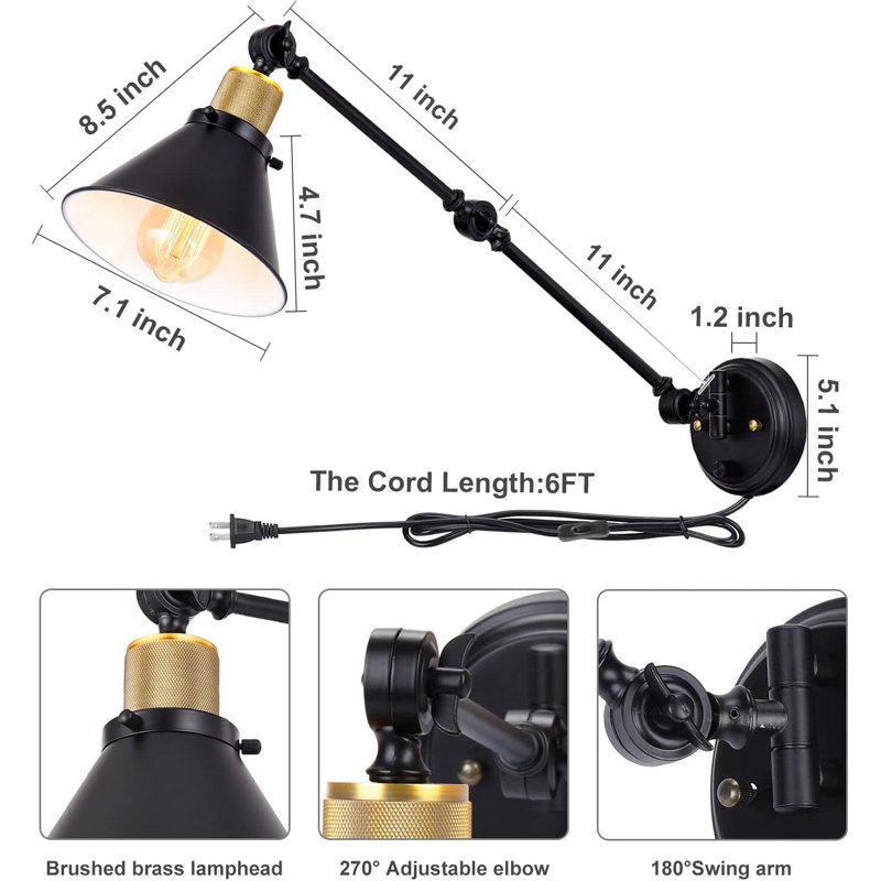 Dimmable Wall Sconce Swing Arm Wall Lights, Matte Black
