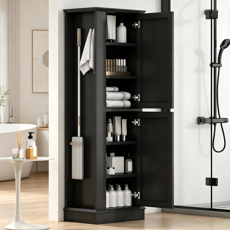  Freestanding Tall Bathroom Storage Cabinet with Hook and Adjustable Shelf, Black