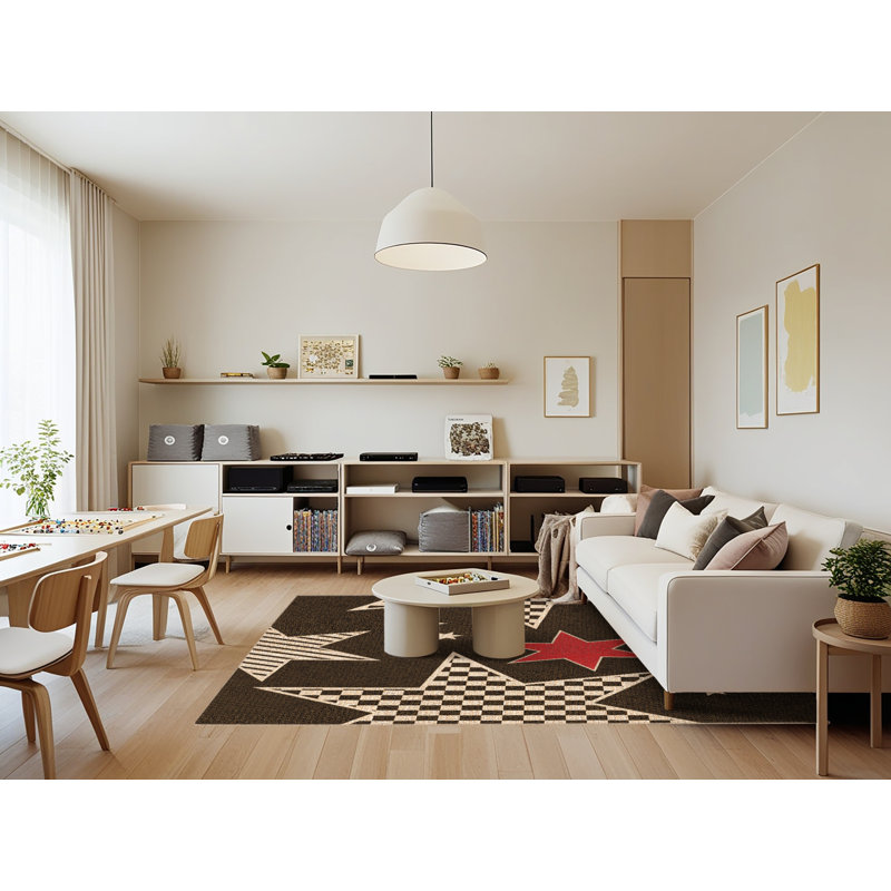 Tapis géométrique noir / rouge / beige, Rectangle 7 pi x 9 pi