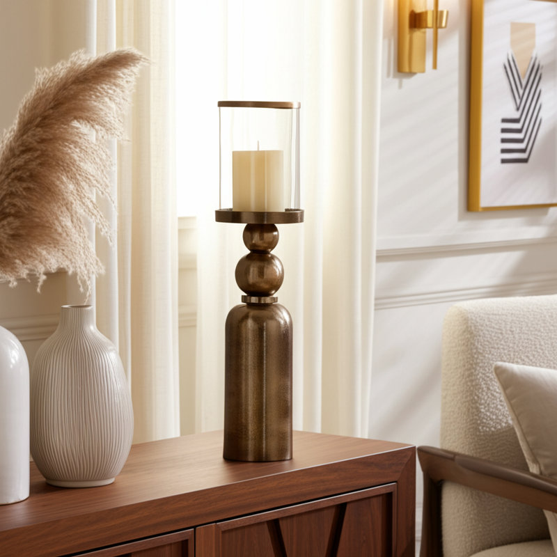 Porte-bougie moderne en métal et verre avec base décorative en fer, H 36 po x l 10 po x P 10 po