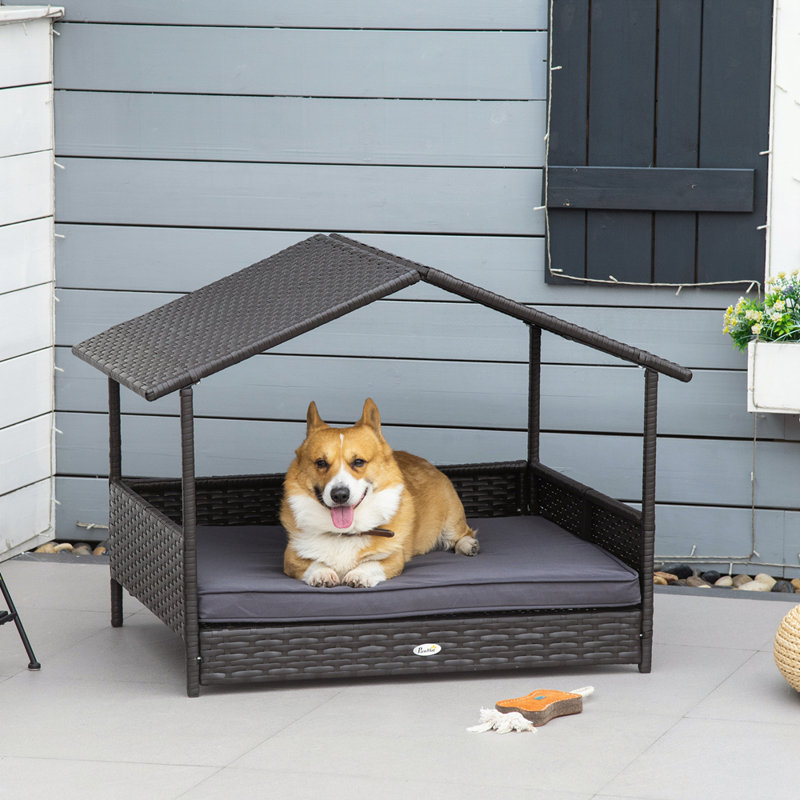 Niche pour chien en rotin avec coussin imperméable PawHut Wicker, H 27,5 po x l 27,25 po x P 38,5 po, Brun / gris foncé