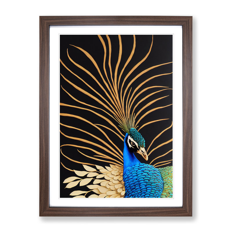 Striking Peacock Art No.4 - Framed Print, 64cm H x 46cm W, Walnut